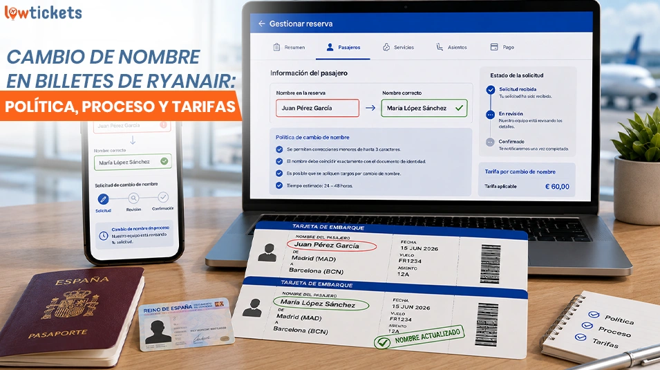 Cambio de nombre en billetes de Ryanair: política, proceso y tarifas (guía de 2026)